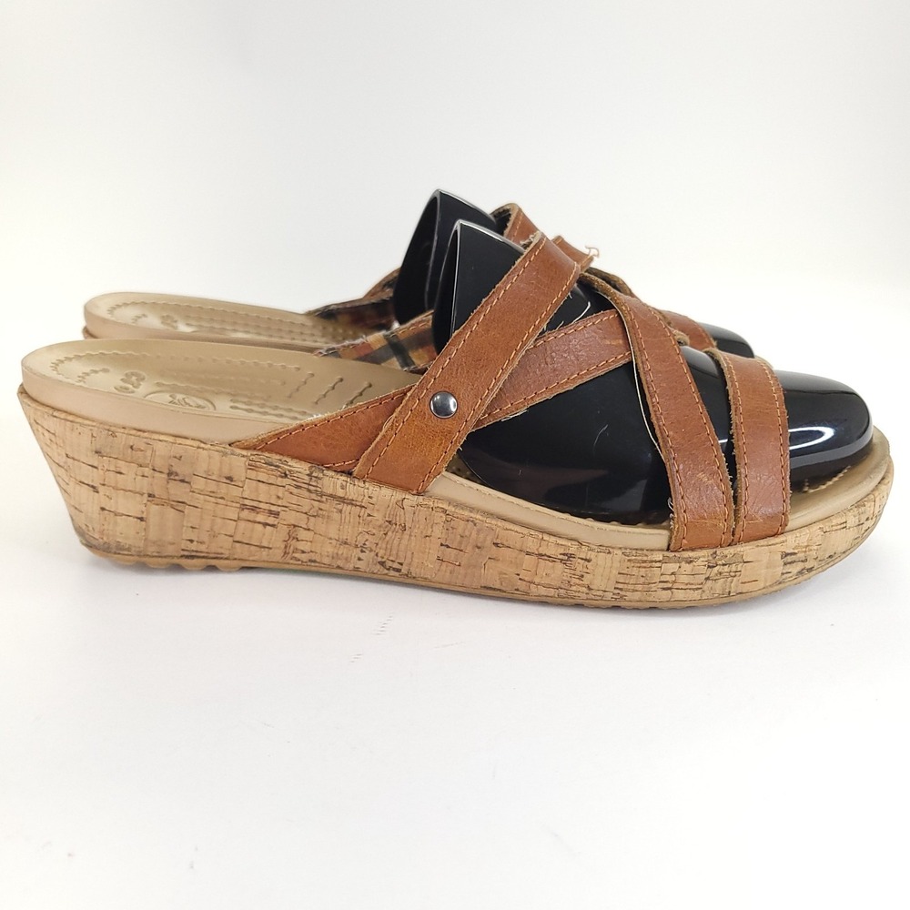 Crocs A Leigh Wedge Sandals Womens 9 Tan Strappy Slip On Cork Heel Comfort Shoes